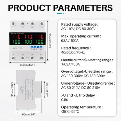 KNMIPJD Over Under Voltage Protection Device, 110V 100A Adjustable Circuit Breaker with LED Display for Real-Time Monitoring of Voltage, Current, Power, Home Commercial Electrical Safety（4P 100A）