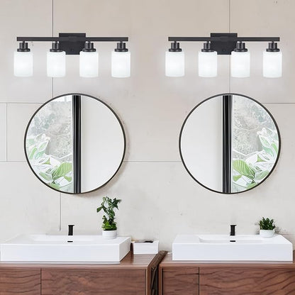 DIKAIDA Bathroom Light Fixtures, 4-Light Matte Black Bathroom Vanity Lights with Milky White Glass Shade, Bathroom Lights Over Mirror Wall Lamp Sconces for Mirror Bedroom, Living Room Hallway