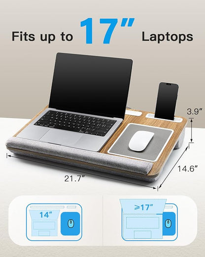 HUANUO Lap Desk - Fits up to 17 inches Laptop Desk, Built in Mouse Pad & Wrist Pad for Notebook, Laptop, Tablet, Lap Stand with Tablet, Pen & Phone Holder, Brown Woodgrain