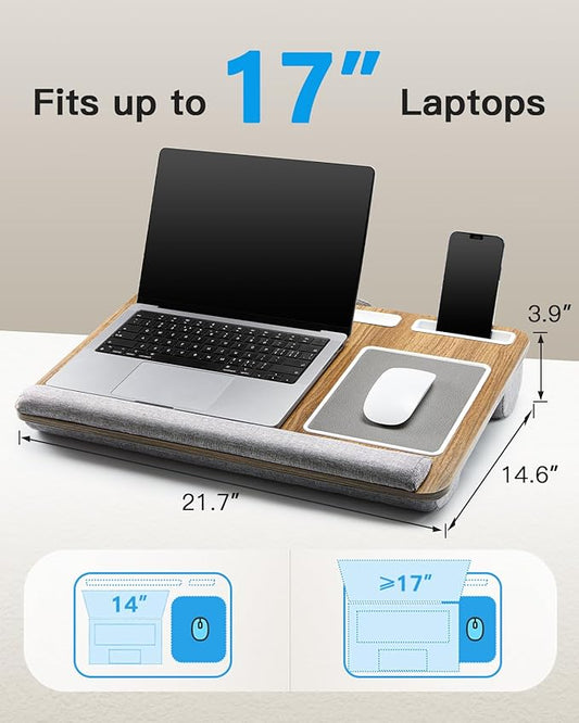 HUANUO Lap Desk - Fits up to 17 inches Laptop Desk, Built in Mouse Pad & Wrist Pad for Notebook, Laptop, Tablet, Lap Stand with Tablet, Pen & Phone Holder, Brown Woodgrain