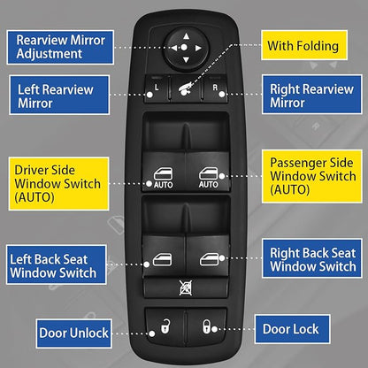 AMICAREP Master Power Window Switch Driver Side Compatible with 2012-2015 Dodge Grand Caravan Ram 1500 2500 3500 Chrysler Town & Country Replaces# 68110867AB (9+3 Pin; w/Power Folding Mirror; 4 Door)
