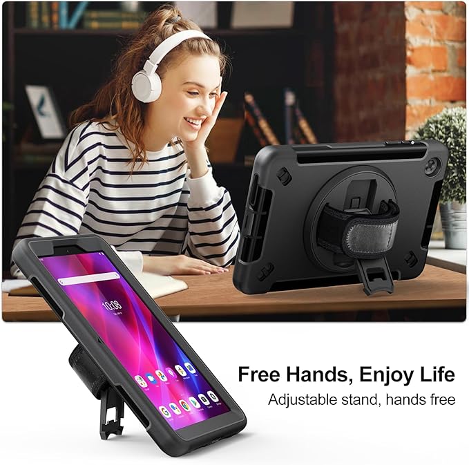 Junfire Shockproof Case for Lenovo Tab M8 4th Gen 2023, Heavy Duty Rugged Case with 360°Rotatable Kickstand/Hand Strap/Stylus Holder for TB-300FU/TB-300FX, Black