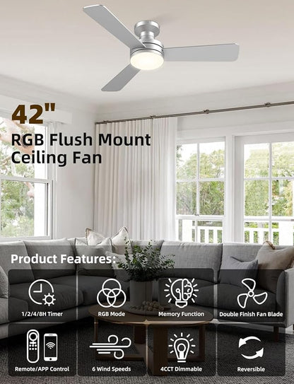 Homlit 42 inch RGB Ceiling Fan with Light, Smart App & Remote Control Low Profile Flush Mount, Music Sync Lighting, 6-Speed Quiet Reversible DC Motor, 4CCT Dimmable for Home Office Party, Silver