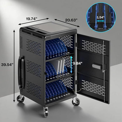 Fully Assembled 30 Unit Device Charging Station for Chromebook, iPad, 14'' Laptop - Pre Built Charging Cart with Charger Cable Management, Circuit Breaker, Grounding Protection (Black)