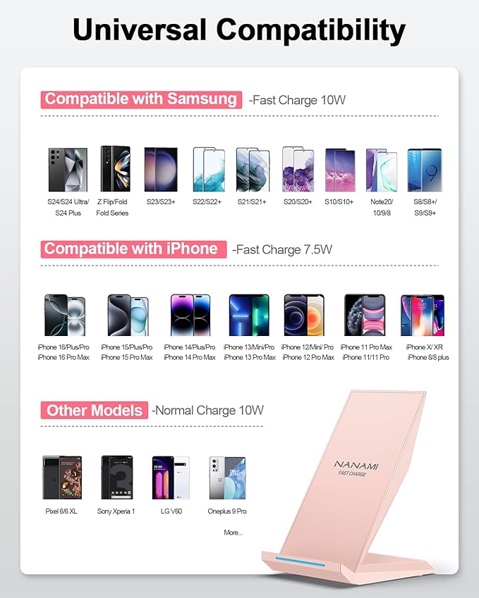 NANAMI Wireless Charger - Qi Certified Wireless Charging Stand Compatible iPhone 16/15/14/13/12/11 Pro/XS Max/XR/8, 10W for Samsung Galaxy S25/S24/S23/S22/S21/S20/Note 20 Ultra and Qi-Enabled Phone