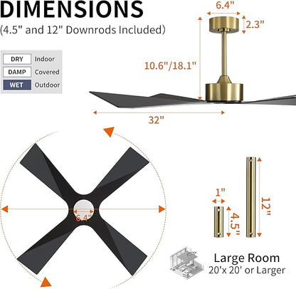 WINGBO 64" Wet Rated Outdoor Ceiling Fan with Lights, 4 ABS Plastic Blades, Reversible DC Motor, 6-Speed Remote Control, 3 CCT, Waterproof Ceiling Fan for Patio Porch Gazebo Garage, Brass and Black