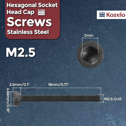 Kozelo 50pcs Socket Head Cap Screws - [M2.5-0.45 x 18mm] 304 Stainless Steel Allen Socket Drive for Electrical Motor 3D Printing Fan Engine Replacement Use, Black