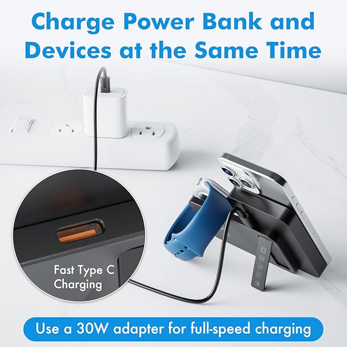 Magnetic Wireless Power Bank, 3-in-1 Portable Charger 10000mAh w/Kickstand, Battery Pack for MagSafe, Charging Station for iPhone 16/15/14/13, Apple Watch & AirPods, 15W Charger w/Stand