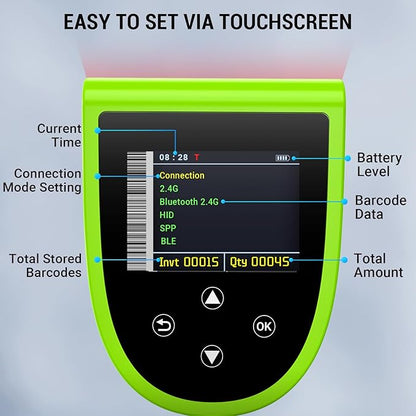Tera Barcode Scanner Wireless with Screen: Pro Version 1D 2D QR with Digital Setting Keypad Power Switch Charging Cradle Works with Bluetooth 2.4G Wireless Bar Code Reader HW0015 Green