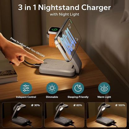 Eazpower 3 in 1 Foldable Wireless Charging Station for MagSafe, Nightstand Magnetic Charger Stand for iPhone 17 16 15 14 Pro Max, Travel Charging Dock with Night Light for Apple Watch/AirPods (Gray)