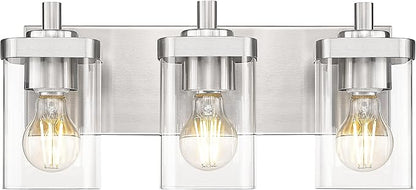 METWET Bathroom Light Fixtures, 3-Light Vanity Light with Square Clear Glass Shade, Brushed Nickel Modern Wall Sconces, Vanity Lighting Fixtures Over Mirror, VL194-BN-3