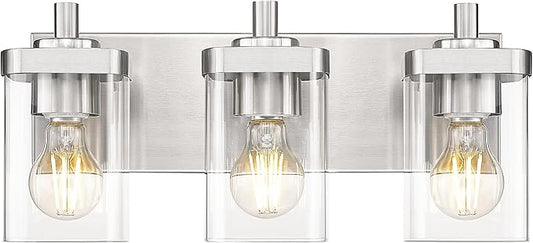 METWET Bathroom Light Fixtures, 3-Light Vanity Light with Square Clear Glass Shade, Brushed Nickel Modern Wall Sconces, Vanity Lighting Fixtures Over Mirror, VL194-BN-3