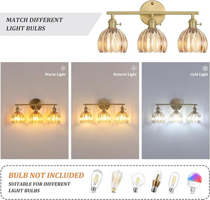 Shenmoyl Bathroom Light Fixtures, 3-Light Brass Vanity Wall Light Over Mirror with Amber Tulip Glass Shade for Bedroom Living Room (Bulb Not Included)
