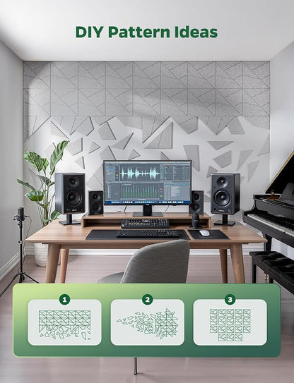 Topnaca 18 Pack Acoustic Panels Sound Absorbing for Wall Home Office, Gary Cut-line Decorative Sound Reducing Art Peel and Stick Ceiling Tiles for Recording Studio Acoustical Treatments Gaming Room