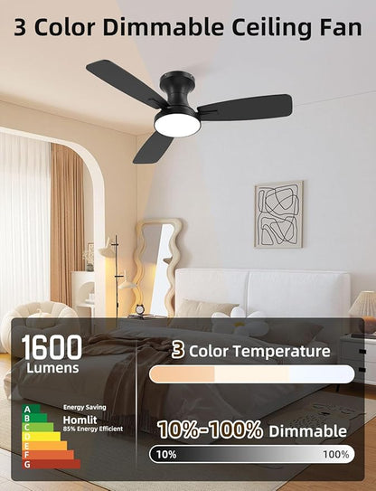 Homlit 42 inch Smart Ceiling Fan with Light, Low Profile Flush Mount with Remote Control, Ultra-Quiet Reversible DC Motor, 3 Color Temperatures & 6 Speed Dimmable Lighting for Bedroom, Black