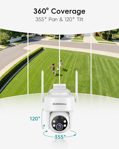 ZUMIMALL 2K Solar Security Cameras Wireless Outdoor | 360° PTZ View Control via App | 2.4G WiFi, Color Night Vision, 2-Way Talk, PIR Motion Detection, Free Rolling 7-Day Cloud Storage, No Monthly Fee
