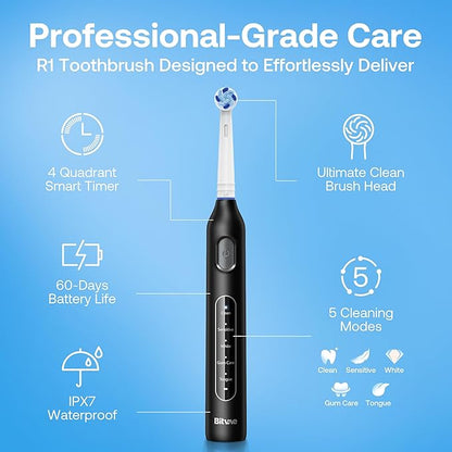 Bitvae R1 Rotating Electric Toothbrush with 8 Brush Heads for Adults and Kids, 60-Day Battery Life, 5 Modes Rechargeable Power Toothbrush with 2-Minute Smart Timer, Black