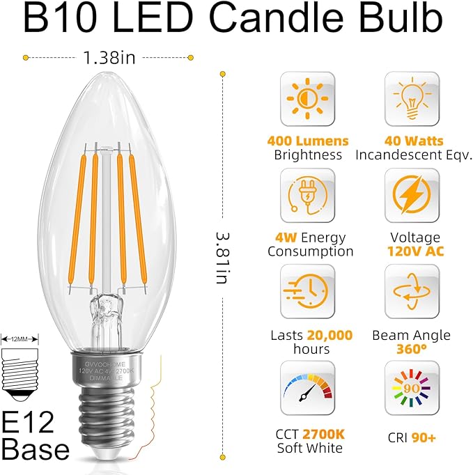 GvvooHome LED Candelabra Light Bulbs 40 watt Equivalent, Dimmable E12 LED Bulb, 2700K Soft White B10 Candle Bulb, Chandelier Light Bulbs, 90+CRI, 400LM, Clear Glass, 6 Pack