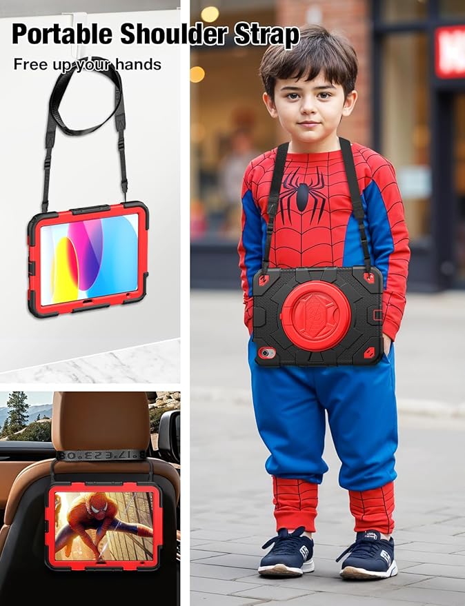 SCSVPN for iPad (A16) 11th/10th Generation Case 11 inch 2025/10.9 inch 2022, Rugged Shockproof Protective Silicone Case for Kids with Pencil Holder, Rotate Stand & Handle, Shoulder Strap - Black/Red