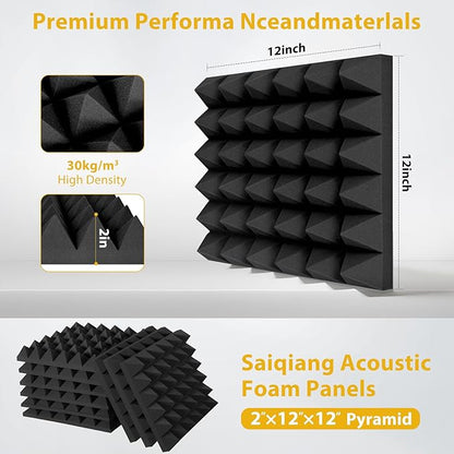 Saiqiang 24 Pack Sound Proof Foam Panels for Walls, 2"X 12" X 12" Pyramid Designed Acoustic Foam Panels Sound Absorbing, Noise Cancelling Dampening Wall Panels for Studio Recording & Office & Home
