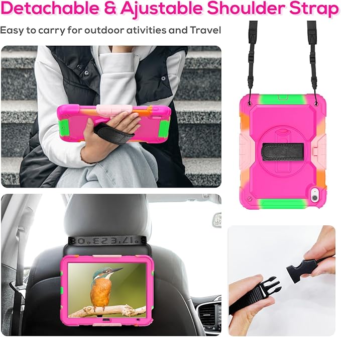 BLOSOMEET Case for iPad A16 11th/10th Generation 11''/10.9'' 2025/2022 with Tempered Glass Screen Protector, Protective Kids Cover with Stand Hand Grip Shoulder Strap, Rosered