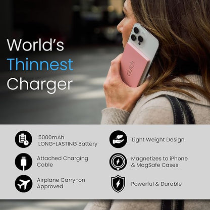 Clutch - Pro USB-C Portable Charger - Compatible with iPhone 15, 16, 17 & Android Devices - Power Bank Magnetic Battery - TSA Travel Approved - USB Rechargeable - Built-in Cable - 5000 mAh - 3.7oz