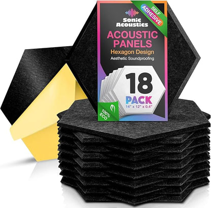 Acoustic Panels 18 Pack Soundproof Wall Panels, 14" X 12" X 0.4" Sound Proof Panles, High-Density Wall Decoration Sound Absorbing Panel, Hexagon Wall Panel for Home Office with Self-Adhesive (Black)
