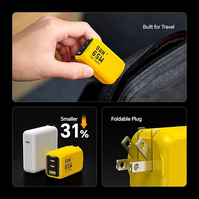 AOHI Youth 65W GaN+ USB C Charger Block, 3-Port PPS Type C Compact Foldable Laptop Fast Wall Charger for MacBook Pro/Air, iPad Pro, iPhone 16/15 Pro Max, Galaxy S24, Pixel, Steam Deck and More, Yellow