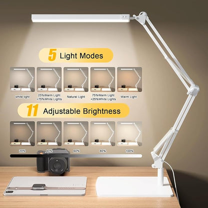 TROPICALTREE Swing Arm Desk Lamp with Base, 80 LED Beads, 5 Color Modes & 11 Brightness Levels, 360° Adjustable Arm, Eye-Caring Light CRI95, Timer & Memory Function, for Office, Study, Crafting