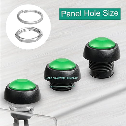 QTEATAK 1/2"(12mm) Pre-Wired Mounting Hole On/Off Green Mini Round Waterproof Momentary Push Button Switch JF-33B -2Pack