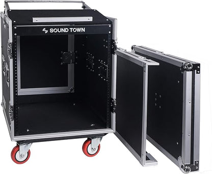 Sound Town Enhanced 1/2" (12mm) Plywood 12U PA DJ Rack/Road Case with 11U Slant Mixer Top, 20’’ Rackable Depth, DJ Work Table and Casters, 12-Space ATA Case, Pro Tour Grade (STMR-S12UWT)