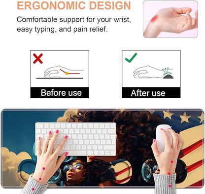 Ergonomic Keyboard Wrist Rest & Mouse Pad Wrist Rest Set, Large XXL Gaming Desk Mat 31.5"x 11.8" with Non-Slip Base, Memory Foam, Easy Typing Pain Relief for Home & Office, African American Girl