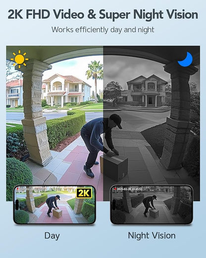 XTU Battery Doorbell, 180° Head-to-Toe Video, Live View with Two-Way Talk, No Monthly Fee, 2.4G Wi-Fi with Chime, Local/Cloud Storage, Human Detection, Compatible with Alexa & Google Home