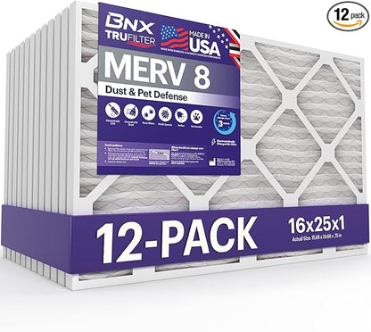 BNX TruFilter 16x25x1 Air Filter MERV 8 (12-Pack) - MADE IN USA – Dust & Pet Defense Electrostatic Pleated Air Conditioner HVAC AC Furnace Filters for Dust, Pet, Mold, Pollen MPR 600 – 700 & FPR 5