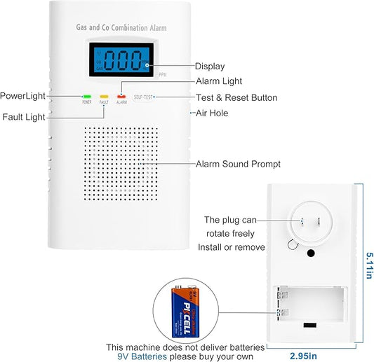 Combination Gas and Carbon Monoxide Detector Plug-in | CO Alarm & Natural Gas Combustible Detector | Digital Display, Battery Backup, Easy Install | for Home Kitchen Safety Monitoring 1-Pack
