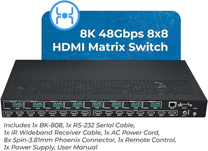 OREI 8K 8x8 HDMI Matrix Switch, Switcher with Audio Extractor UltraHD Supports Upto 4K @ 120Hz IR EDID HDCP 2.3 - Remote Control HDR10+ Dolby Vision, VRR, ALLM (BK-808)