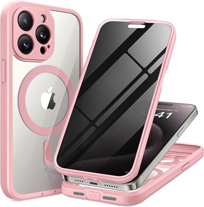Magnetic for iPhone 15 Pro Max Case, Compatible with MagSafe, Built-in Privacy Screen Protector and Camera Protection, Anti Spy Full Body Dustproof Shockproof Hard Phone Case 6.7", Pink