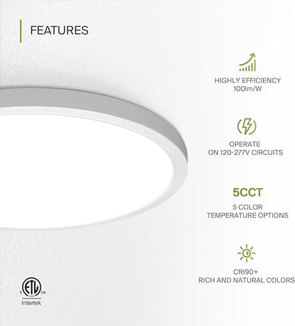 ASD LED 24" Round Flush Mount Ceiling Light Fixture, Low Profile Surface Lighting | 5CCT, Dimmable, Ultra-Thin, ETL Listed | 38W 2700LM 2700-6000K 100-277V | Kitchen, Bedroom, Hallway Lamp | White