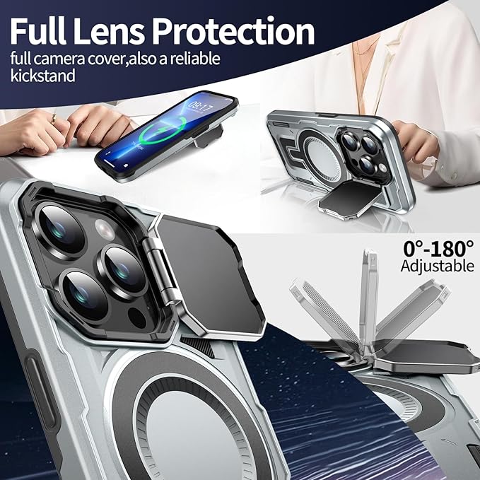 Camera Stand Case for iPhone 13 Pro, [Compatible with MagSafe] [Lens Cover] 2024 Version Military Grade Protective Soft Case for iPhone 13 Pro 6.1 inch Men Women, Grey