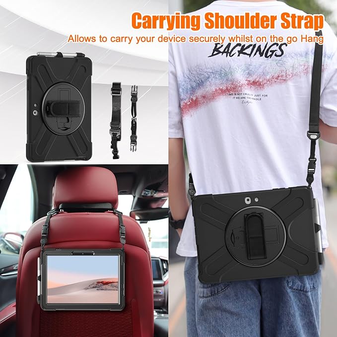 ZenRich Rugged Case for Surface Go 4 (2023)/Surface Go 3 (2021)/ Surface Go 2 (2020), Surface Go (2018) with Pen Holder Heavy Duty Shockproof Case with Stand Hand Strap and Shoulder Belt-Black