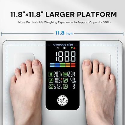 GE Smart Scale for Body Weight, BMI, Fat, Muscle Mass, Digital Bathroom Scales 500lbs Bluetooth 11.8" Large Platform Weighing Machine Health Monitor with App, White
