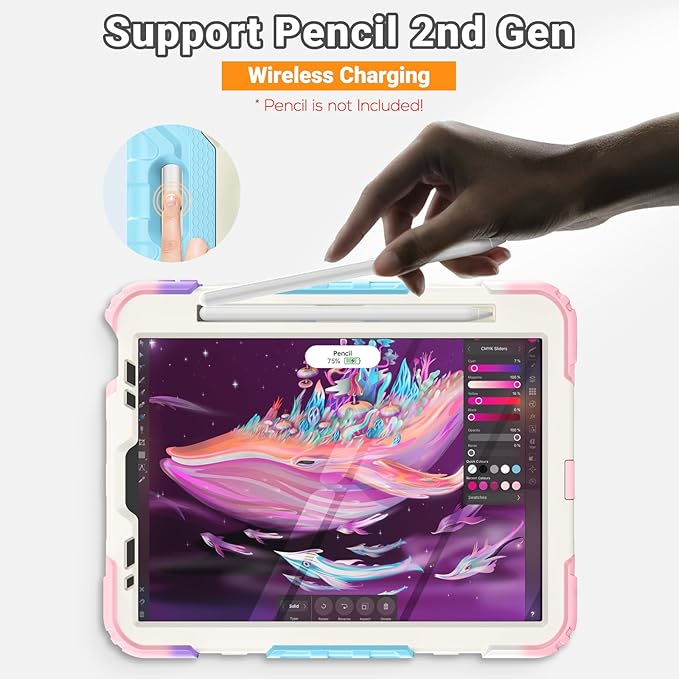 SEYMAC for iPad Air 5th/ 4th Generation Case 10.9", Full-Body Shockproof Protective Case with Screen Protector, Rotating Stand/Handle/Shoulder Strap/Pencil Holder for iPad Air 5/ Air 4, Colorful/Pink