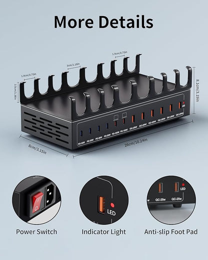 470W Charging Station for Multiple Devices, 12-Port USB C Charging Station with Double 100W PD PPS Port, Multi Device Fast Charger Dock for MacBook Pro Laptop, iPhone, iPad, Tablet, Android Cell Phone