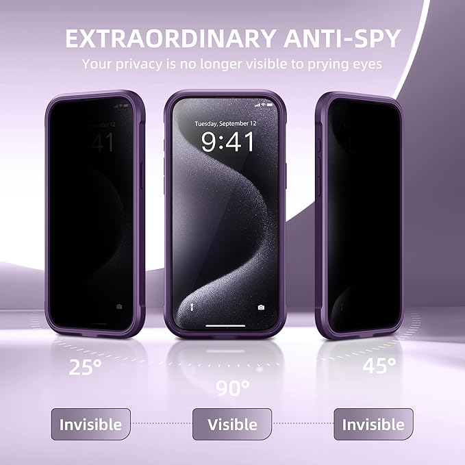 Magnetic for iPhone 15 Pro Case, Compatible with MagSafe, Built-in Privacy Screen Protector and Camera Protection, Anti Spy Full Body Dustproof Shockproof Hard Phone Case 6.1", Light Purple