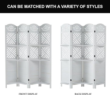 Svimi Room Divider with Shelves, 68.9inch Wood Carved and Louvered Wall Divider Freestanding, 4 Panels Folding Partition Screen for Bedroom Home Office (White)