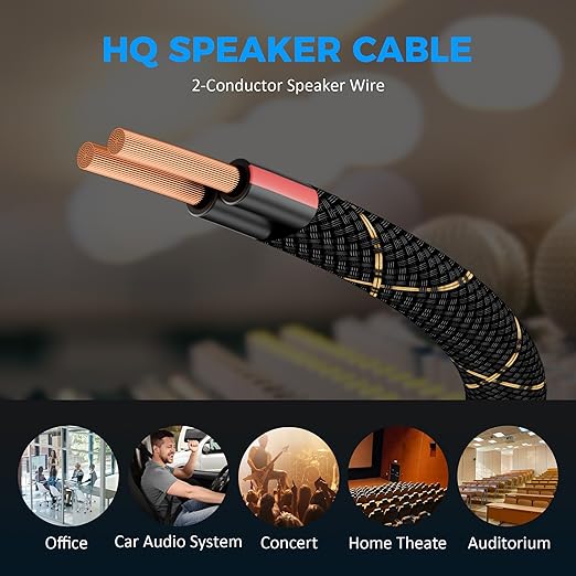 16/2 Speaker Wire 25 Feet, 16AWG Gauge Speaker Cable, Direct Burial, Durable Nylon Braided, in Wall, 2 Conductors, OFC Oxygen-Free Copper, for Car Audio Stereos, Home Theater, Surround Sound, Radio