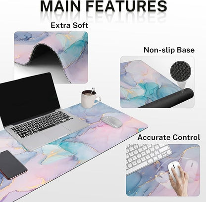 Britimes Blue Purple Liquid Marbling Keyboard Mouse Pad Set 4in1 Large Mousepad+Keyboard Wrist Rest+Mouse Wrist Rest+Coaster Ergonomic Design for Home Office Computer 35.4x15.7 inches