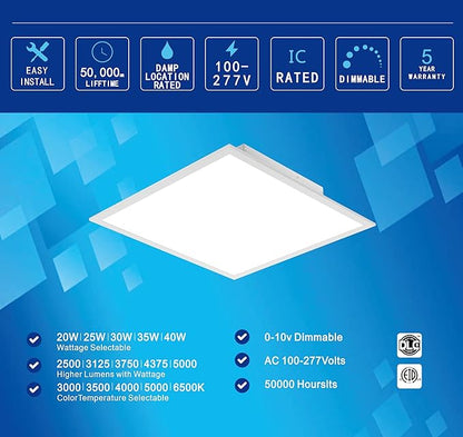 2x2 FT LED Light Flat Panel, 20/25/30/35/40W, 5 Color Temps 3K/3.5K/4K/5K/6.5K, Dimmable Recessed Drop Ceiling Lights, 2500-5000 Lumens, Lay in Fixture for Office, 120-277V, ETL DLC(6 Pack)