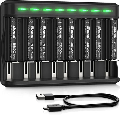 BONAI AA Rechargeable Batteries 2800mAh 8pack with Smart Charger for AA AAA C D NiMH Battery