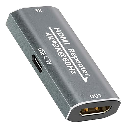 HDMI Booster Repeater 4K@60Hz for 80FT, HDMI Extender Female to Female Amplifier Signal Booster Plug & Play, for Gaming/Home Theater/Video Meeting/TV with USB-C Power Supply Port(Grey)